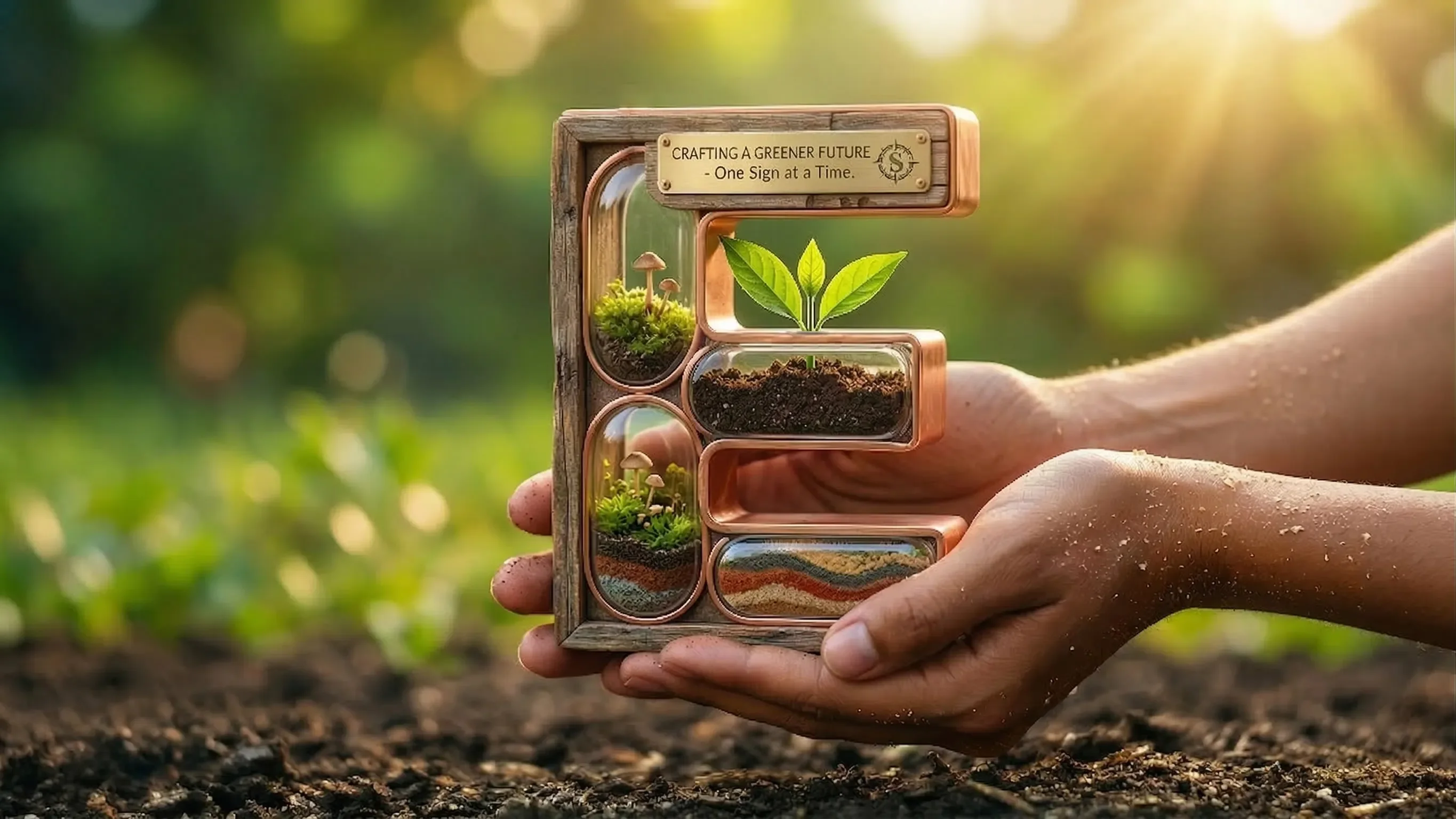 A dimensional letter 'E' filled with living soil, moss and a sprouting seedling — representing the fusion of sign-making craft and environmental responsibility