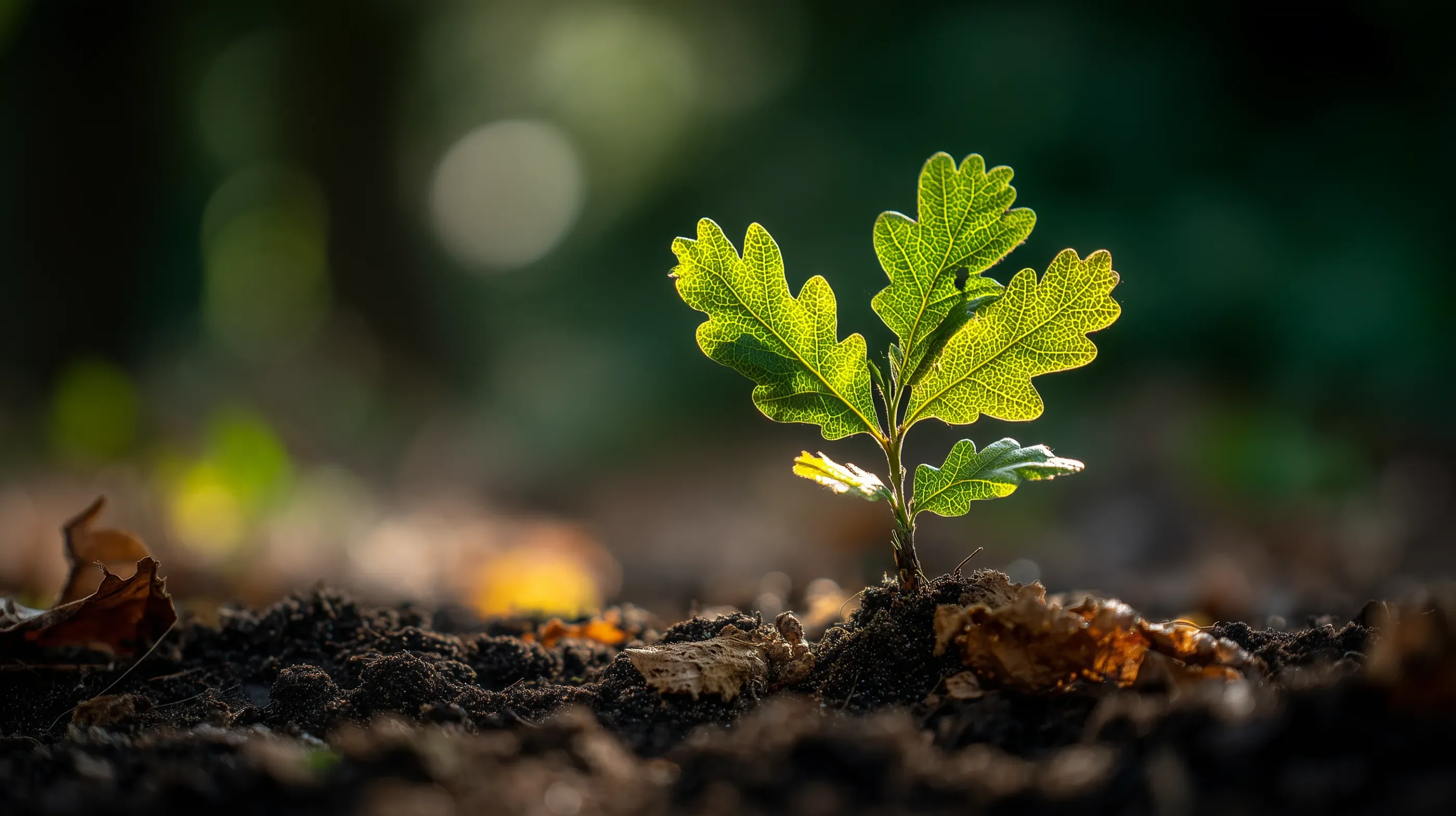 Young oak seedling growing from the forest floor